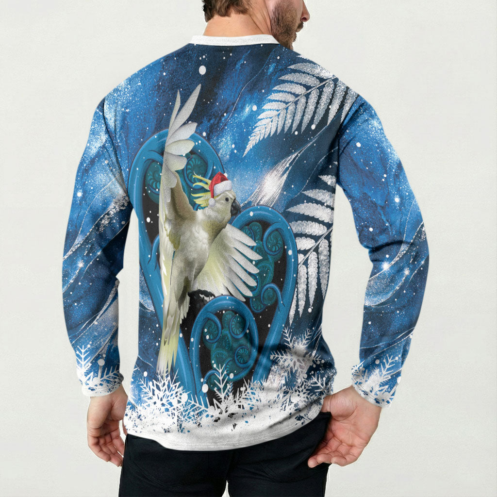 Sulphur-crested Cockatoo New Zealand Christmas In July Button Sweatshirt NZ Aroha Koru Fern Marble Vibes