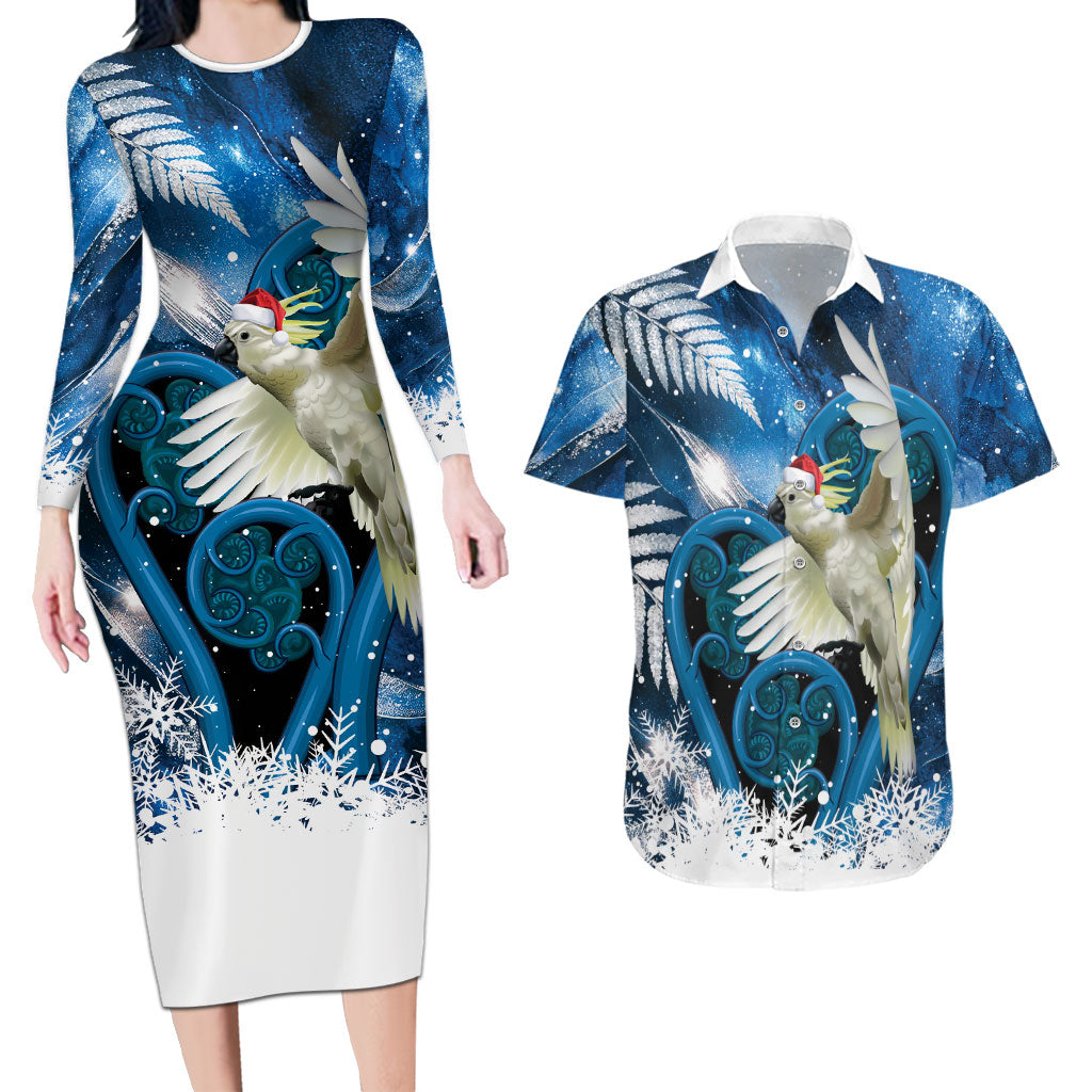 Sulphur-crested Cockatoo New Zealand Christmas In July Couples Matching Long Sleeve Bodycon Dress and Hawaiian Shirt NZ Aroha Koru Fern Marble Vibes