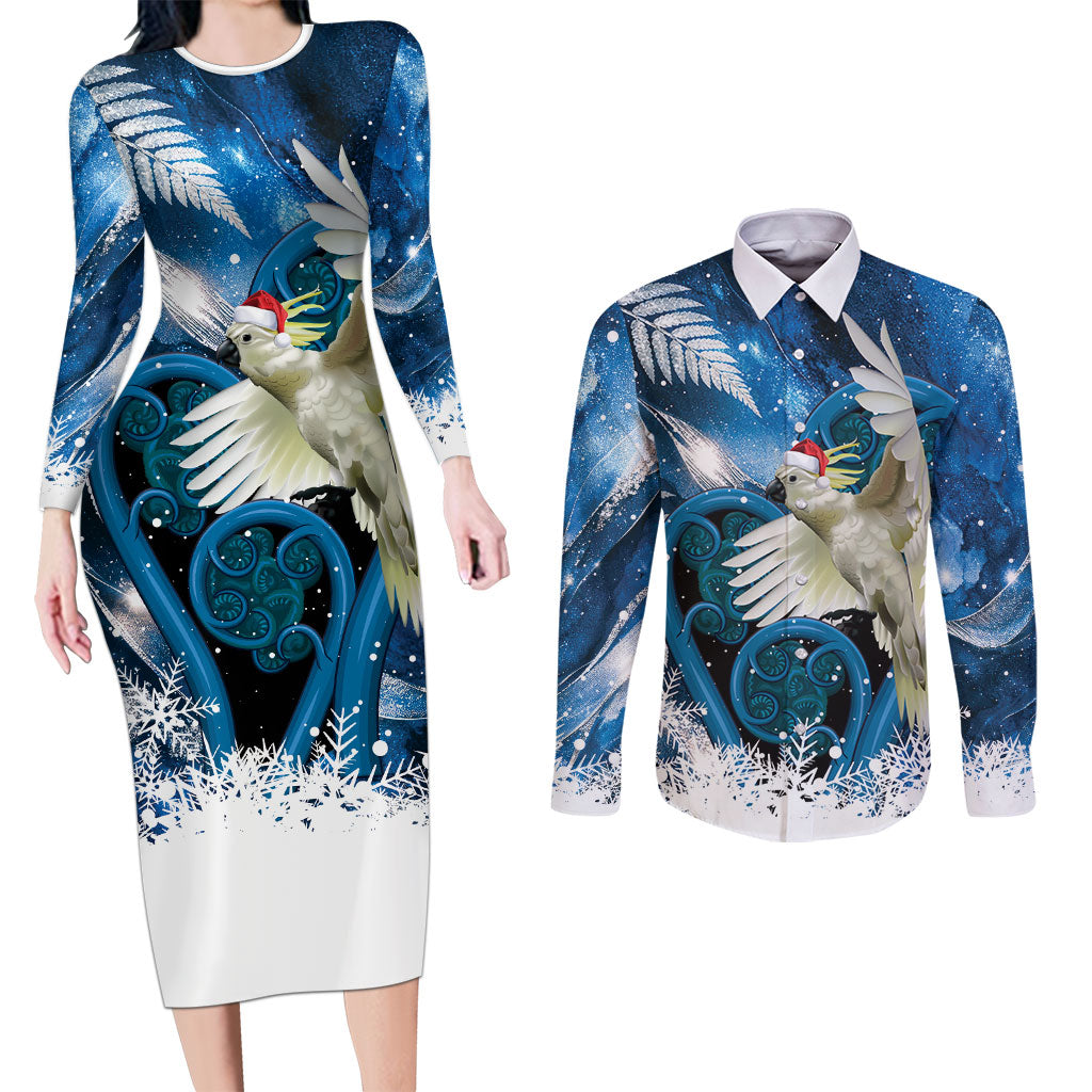 Sulphur-crested Cockatoo New Zealand Christmas In July Couples Matching Long Sleeve Bodycon Dress and Long Sleeve Button Shirt NZ Aroha Koru Fern Marble Vibes
