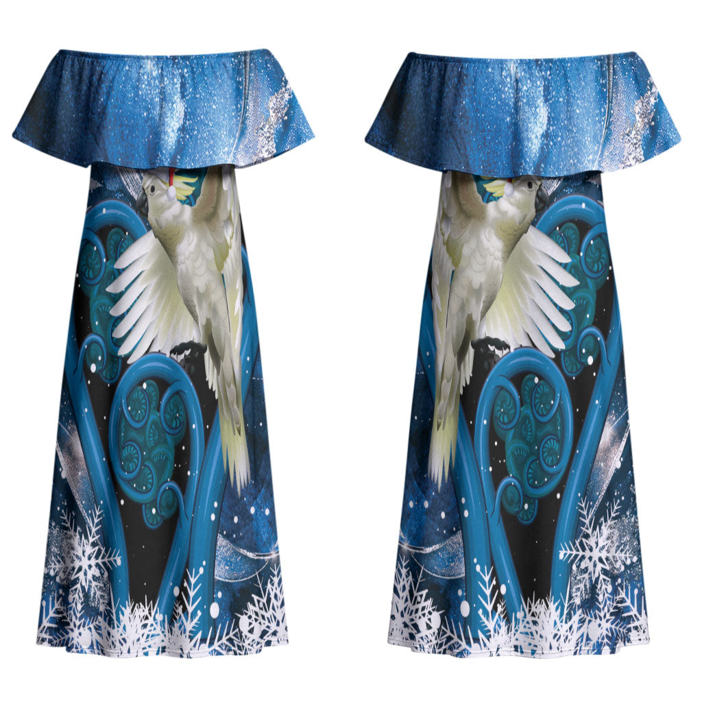 Sulphur-crested Cockatoo New Zealand Christmas In July Couples Matching Off Shoulder Maxi Dress and Long Sleeve Button Shirt NZ Aroha Koru Fern Marble Vibes LT14 - Polynesian Pride