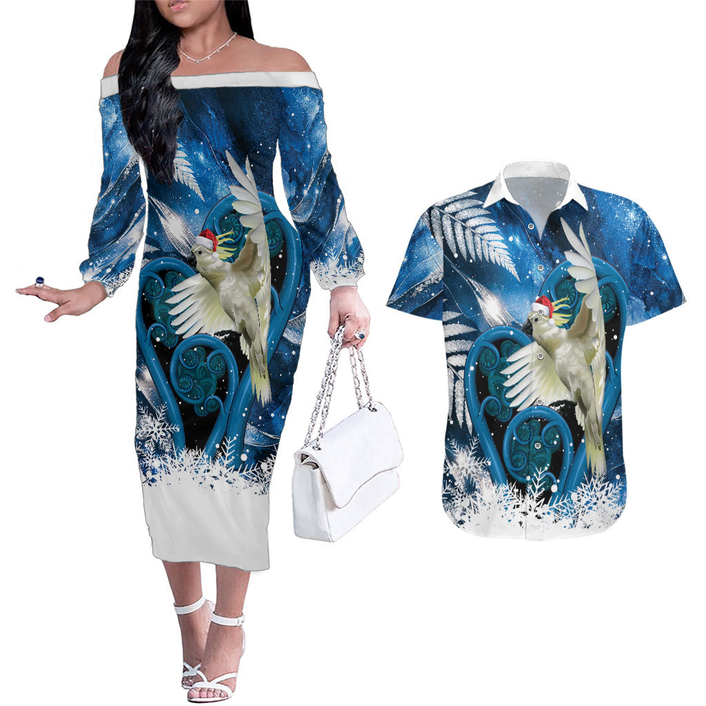 Sulphur-crested Cockatoo New Zealand Christmas In July Couples Matching Off The Shoulder Long Sleeve Dress and Hawaiian Shirt NZ Aroha Koru Fern Marble Vibes