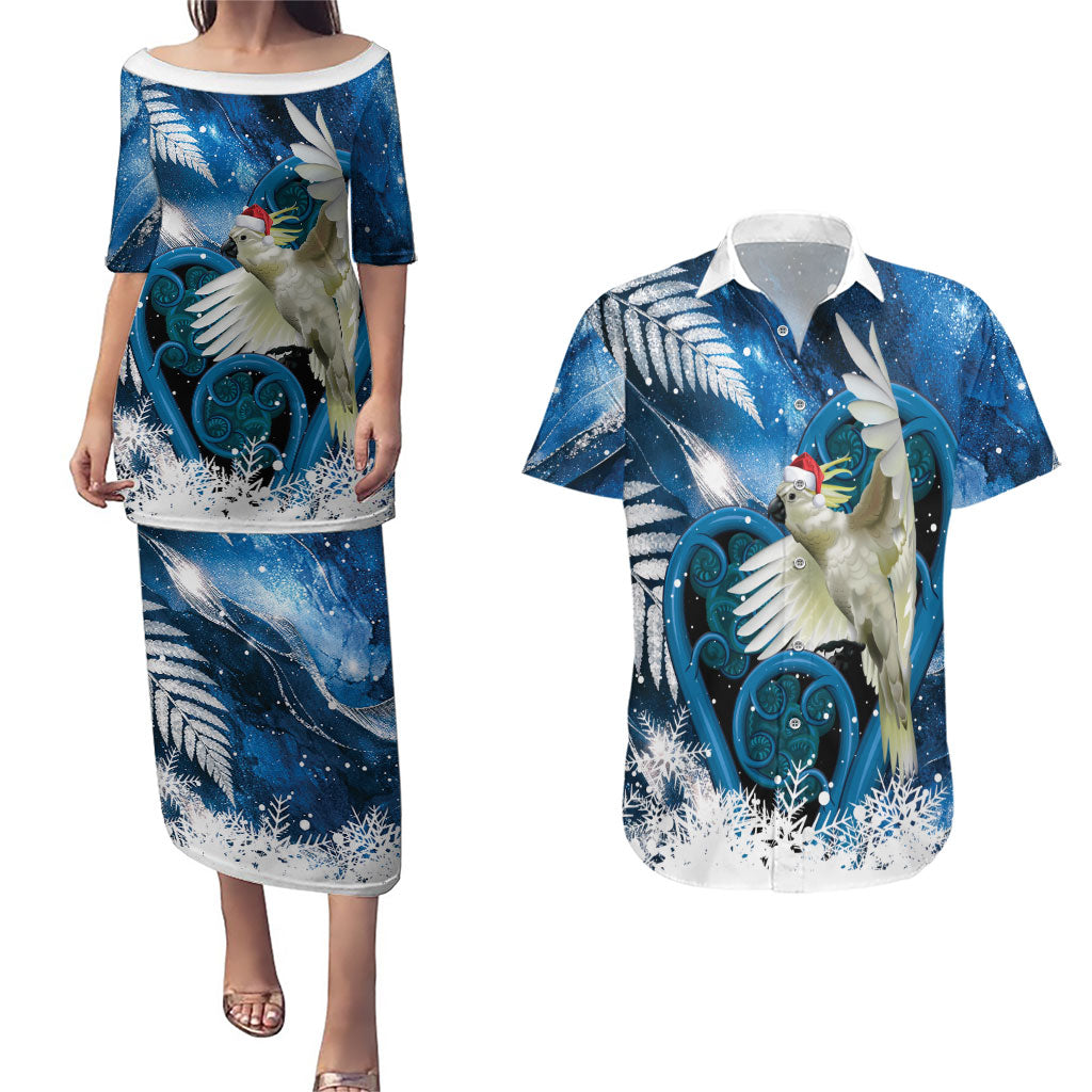 Sulphur-crested Cockatoo New Zealand Christmas In July Couples Matching Puletasi and Hawaiian Shirt NZ Aroha Koru Fern Marble Vibes