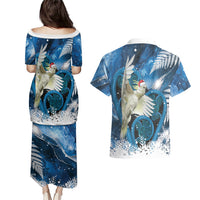Sulphur-crested Cockatoo New Zealand Christmas In July Couples Matching Puletasi and Hawaiian Shirt NZ Aroha Koru Fern Marble Vibes