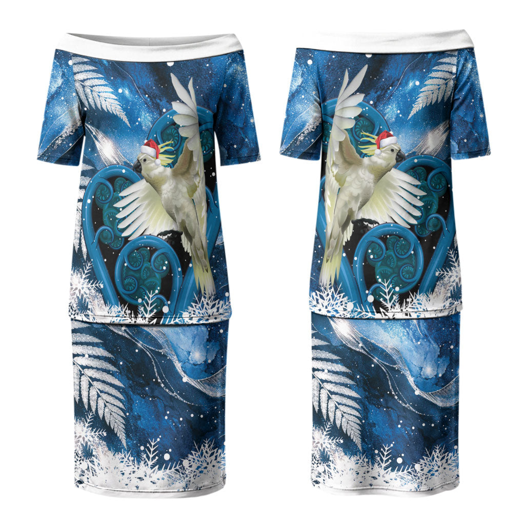 Sulphur-crested Cockatoo New Zealand Christmas In July Couples Matching Puletasi and Long Sleeve Button Shirt NZ Aroha Koru Fern Marble Vibes LT14 - Polynesian Pride