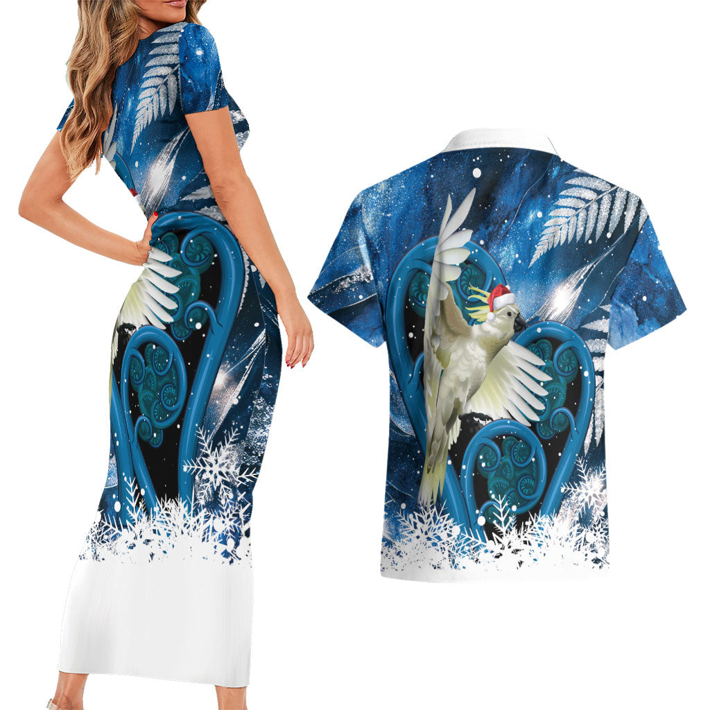Sulphur-crested Cockatoo New Zealand Christmas In July Couples Matching Short Sleeve Bodycon Dress and Hawaiian Shirt NZ Aroha Koru Fern Marble Vibes
