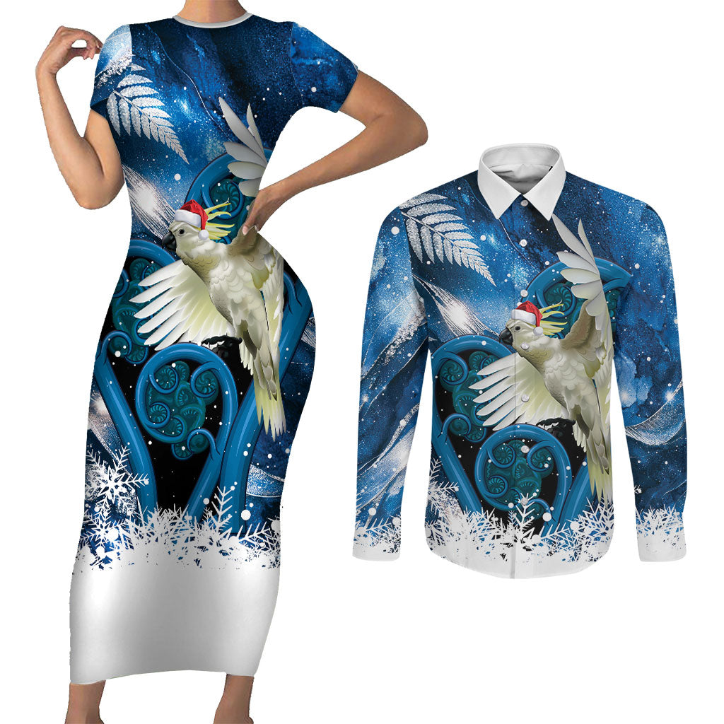Sulphur-crested Cockatoo New Zealand Christmas In July Couples Matching Short Sleeve Bodycon Dress and Long Sleeve Button Shirt NZ Aroha Koru Fern Marble Vibes