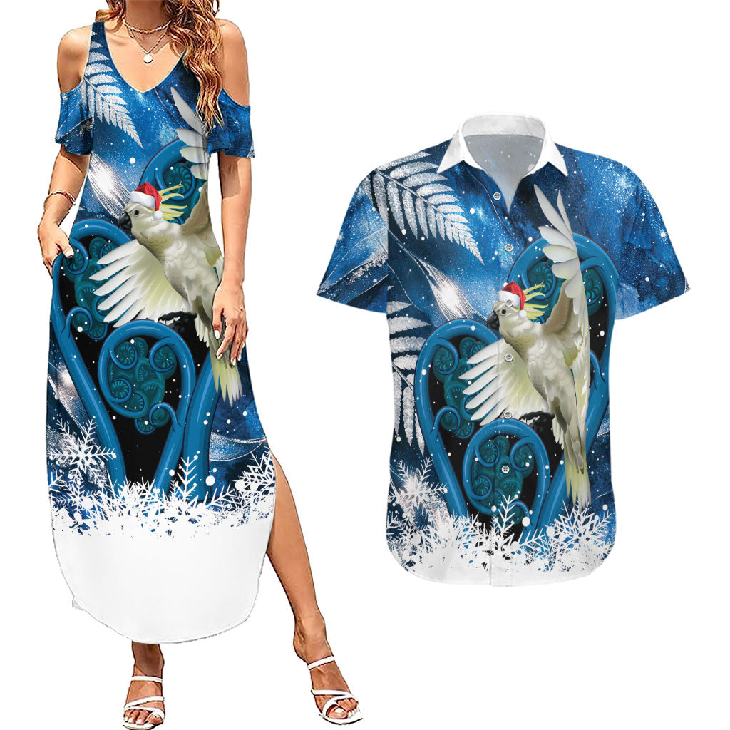 Sulphur-crested Cockatoo New Zealand Christmas In July Couples Matching Summer Maxi Dress and Hawaiian Shirt NZ Aroha Koru Fern Marble Vibes LT14 Blue - Polynesian Pride