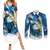 Sulphur-crested Cockatoo New Zealand Christmas In July Couples Matching Summer Maxi Dress and Long Sleeve Button Shirt NZ Aroha Koru Fern Marble Vibes