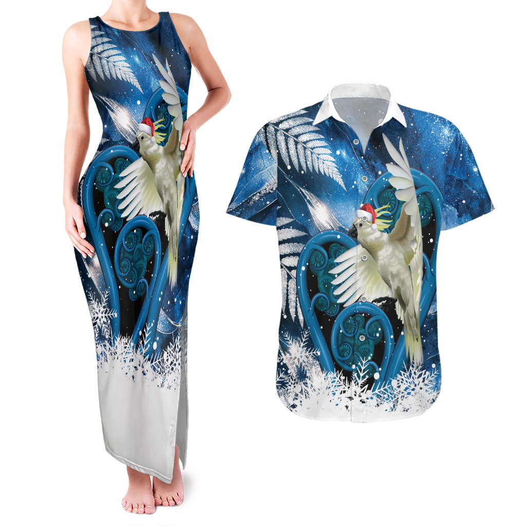 Sulphur-crested Cockatoo New Zealand Christmas In July Couples Matching Tank Maxi Dress and Hawaiian Shirt NZ Aroha Koru Fern Marble Vibes LT14 Blue - Polynesian Pride