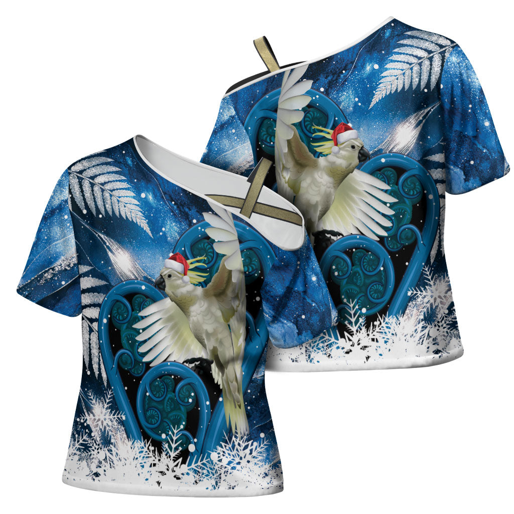 Sulphur-crested Cockatoo New Zealand Christmas In July Cross Shoulder Shirt NZ Aroha Koru Fern Marble Vibes