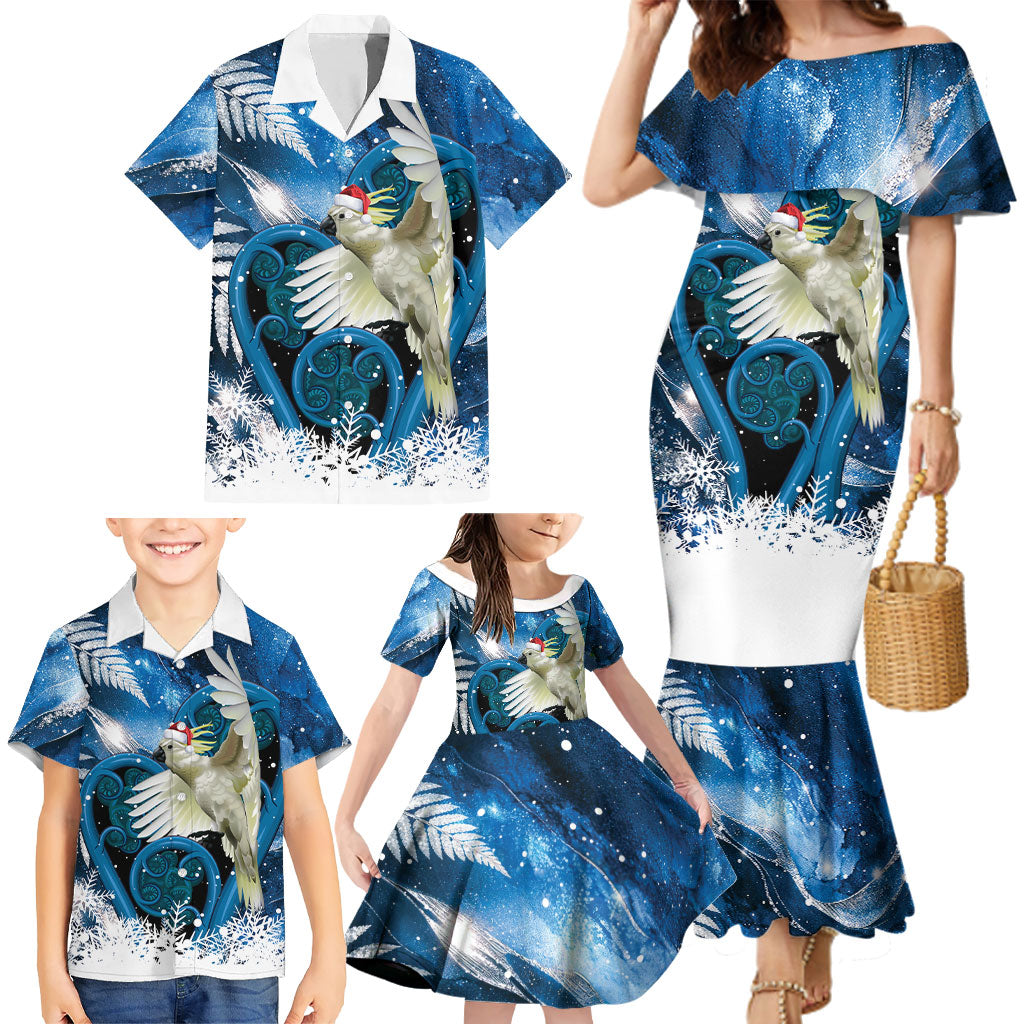 Sulphur-crested Cockatoo New Zealand Christmas In July Family Matching Mermaid Dress and Hawaiian Shirt NZ Aroha Koru Fern Marble Vibes
