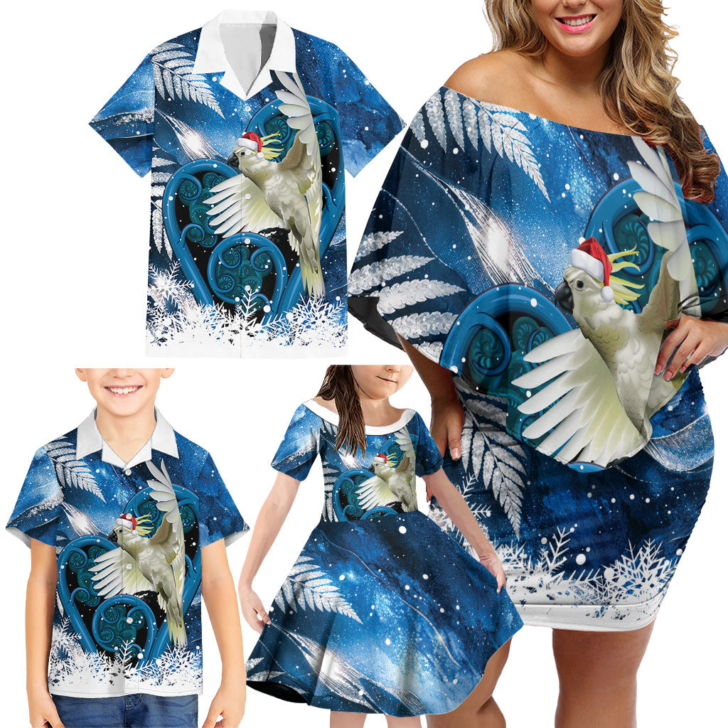 Sulphur-crested Cockatoo New Zealand Christmas In July Family Matching Off Shoulder Short Dress and Hawaiian Shirt NZ Aroha Koru Fern Marble Vibes