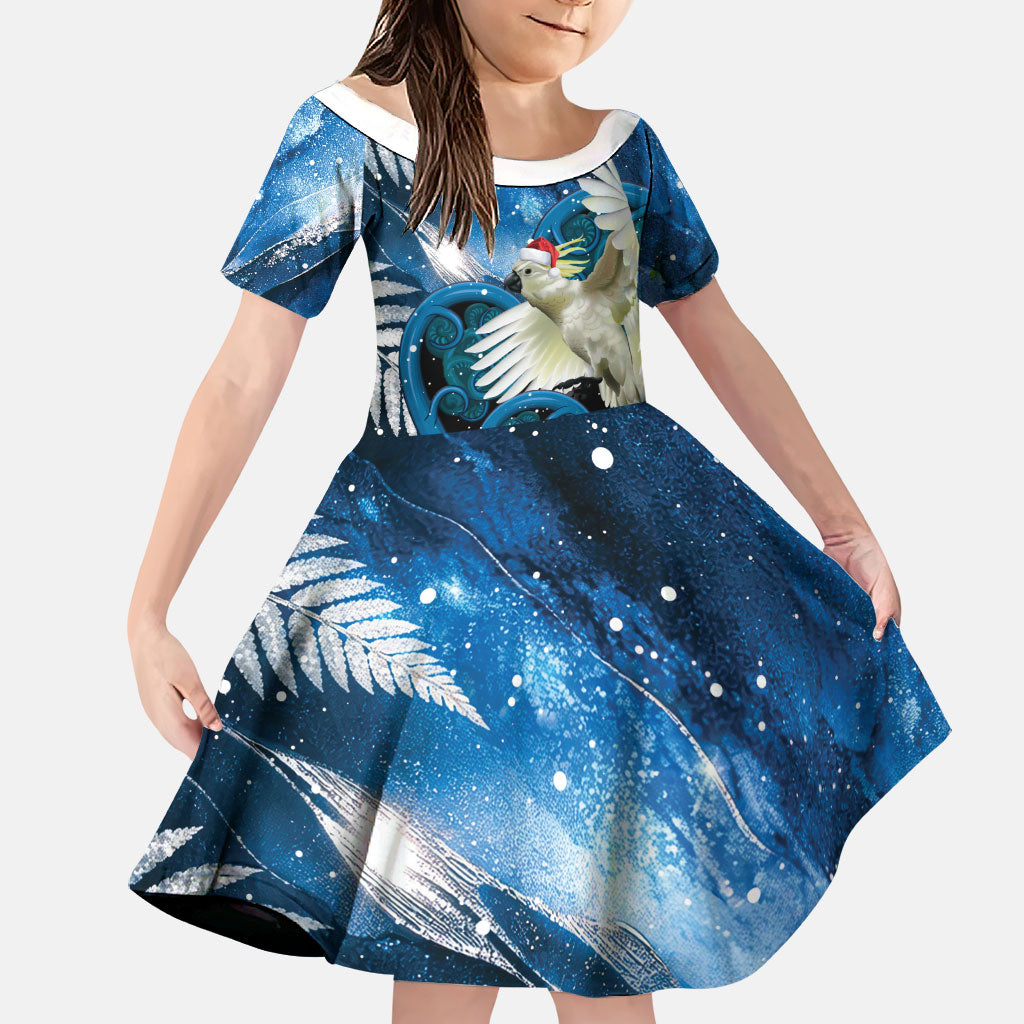 Sulphur-crested Cockatoo New Zealand Christmas In July Family Matching Short Sleeve Bodycon Dress and Hawaiian Shirt NZ Aroha Koru Fern Marble Vibes