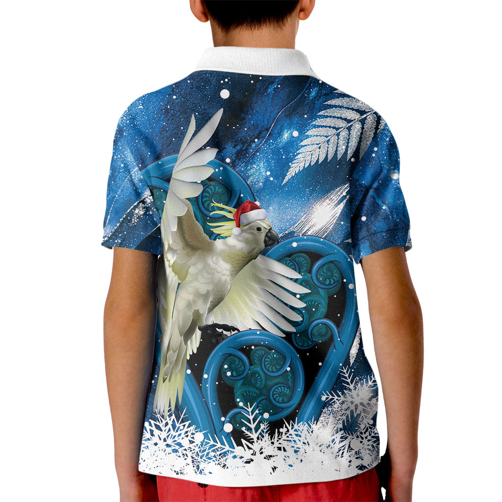 Sulphur-crested Cockatoo New Zealand Christmas In July Kid Polo Shirt NZ Aroha Koru Fern Marble Vibes