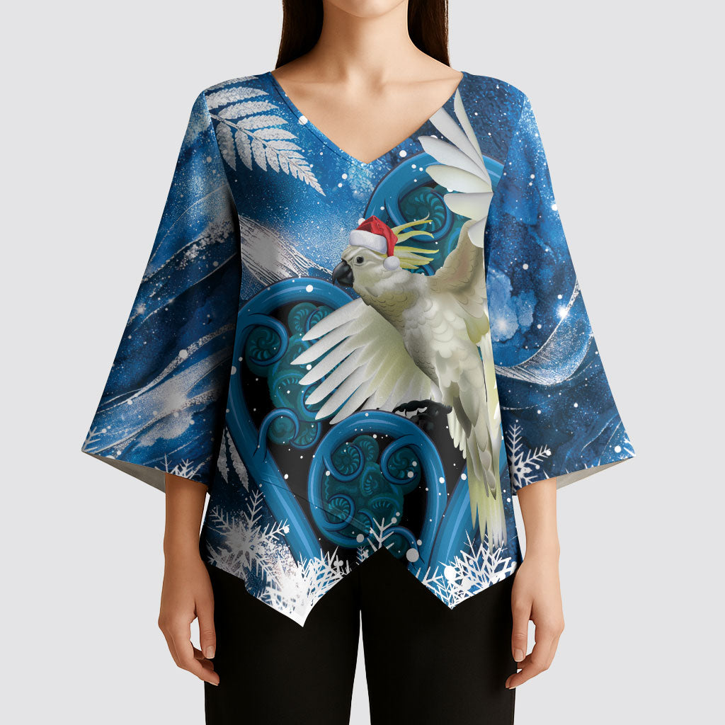 Sulphur-crested Cockatoo New Zealand Christmas In July Kimono Sleeve Blouse NZ Aroha Koru Fern Marble Vibes