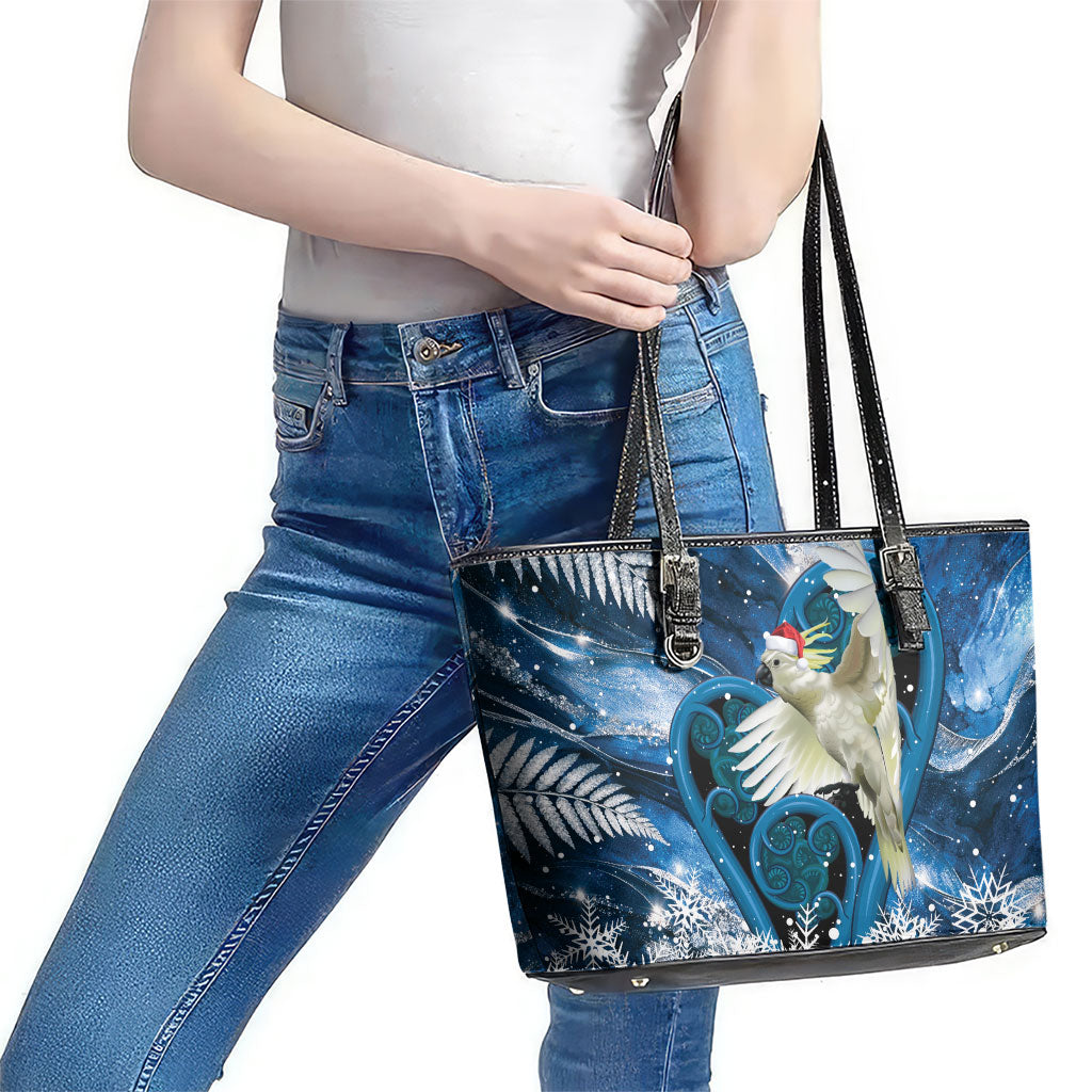 Sulphur-crested Cockatoo New Zealand Christmas In July Leather Tote Bag NZ Aroha Koru Fern Marble Vibes