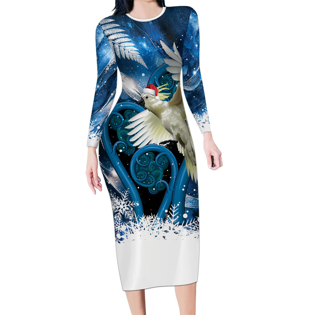 Sulphur-crested Cockatoo New Zealand Christmas In July Long Sleeve Bodycon Dress NZ Aroha Koru Fern Marble Vibes LT14 Long Dress Blue - Polynesian Pride