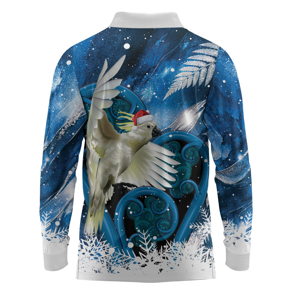Sulphur-crested Cockatoo New Zealand Christmas In July Long Sleeve Polo Shirt NZ Aroha Koru Fern Marble Vibes