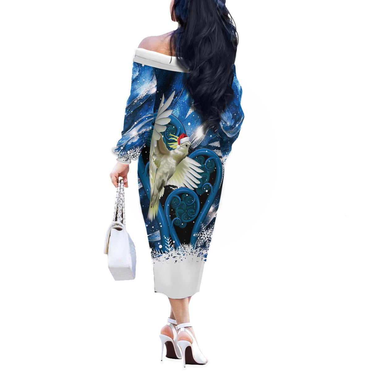 Sulphur-crested Cockatoo New Zealand Christmas In July Off The Shoulder Long Sleeve Dress NZ Aroha Koru Fern Marble Vibes