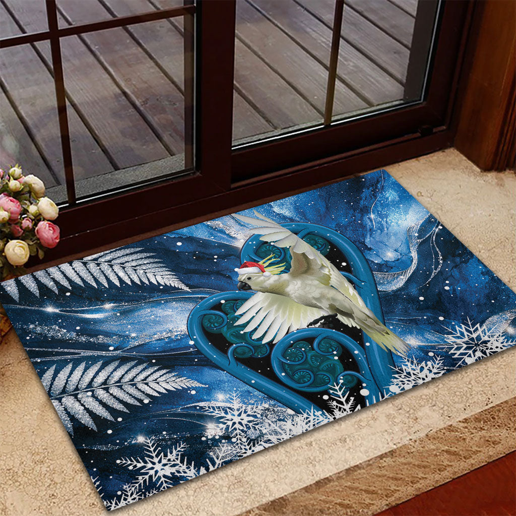 Sulphur-crested Cockatoo New Zealand Christmas In July Rubber Doormat NZ Aroha Koru Fern Marble Vibes