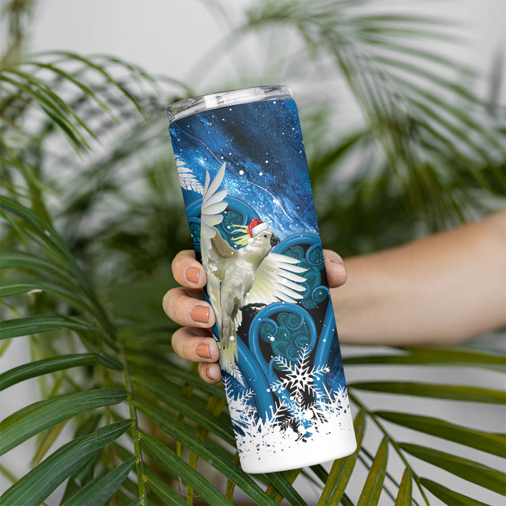Sulphur-crested Cockatoo New Zealand Christmas In July Skinny Tumbler NZ Aroha Koru Fern Marble Vibes