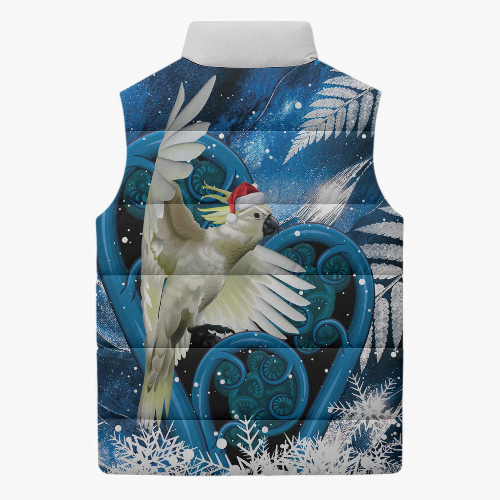 Sulphur-crested Cockatoo New Zealand Christmas In July Sleeveless Puffer Jacket NZ Aroha Koru Fern Marble Vibes