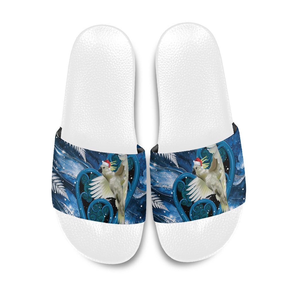 Sulphur-crested Cockatoo New Zealand Christmas In July Slide Sandals NZ Aroha Koru Fern Marble Vibes