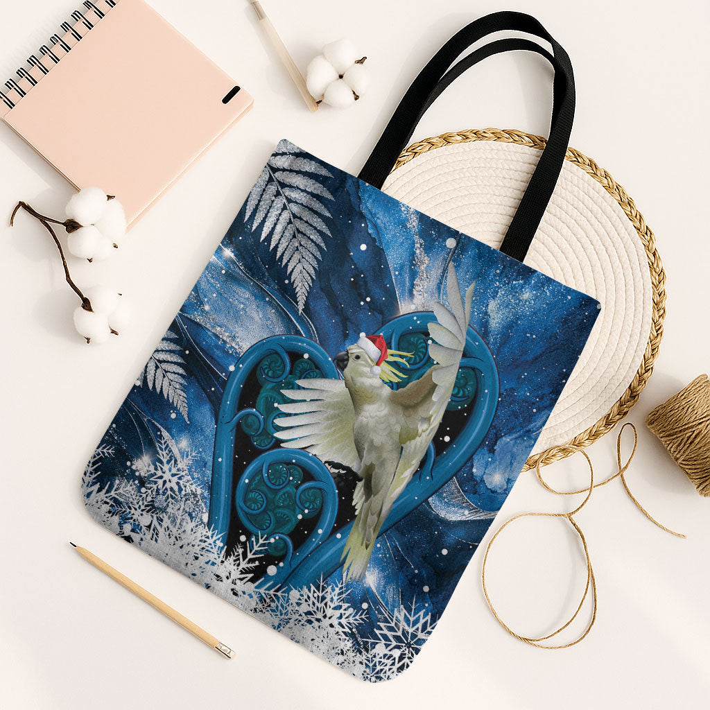 Sulphur-crested Cockatoo New Zealand Christmas In July Tote Bag NZ Aroha Koru Fern Marble Vibes