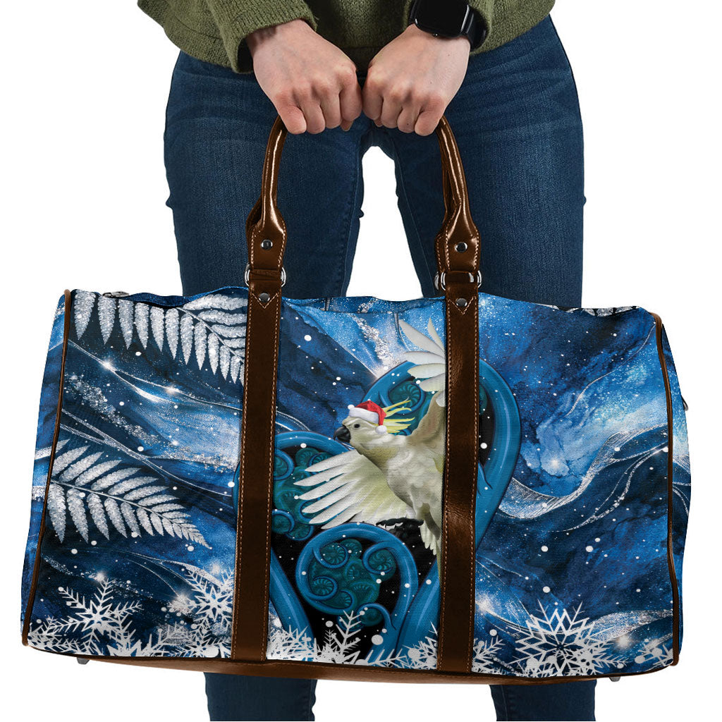 Sulphur-crested Cockatoo New Zealand Christmas In July Travel Bag NZ Aroha Koru Fern Marble Vibes