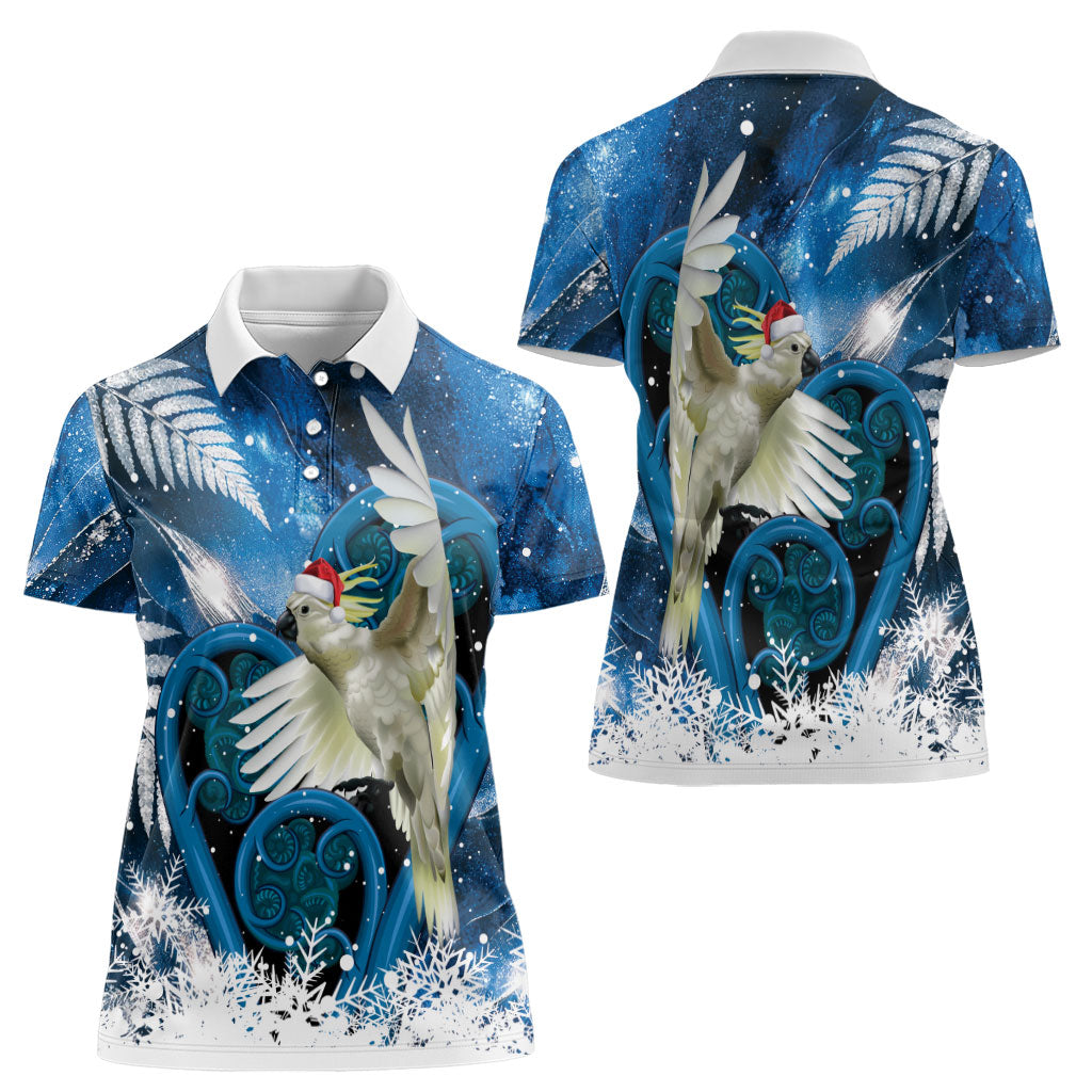 Sulphur-crested Cockatoo New Zealand Christmas In July Women Polo Shirt NZ Aroha Koru Fern Marble Vibes
