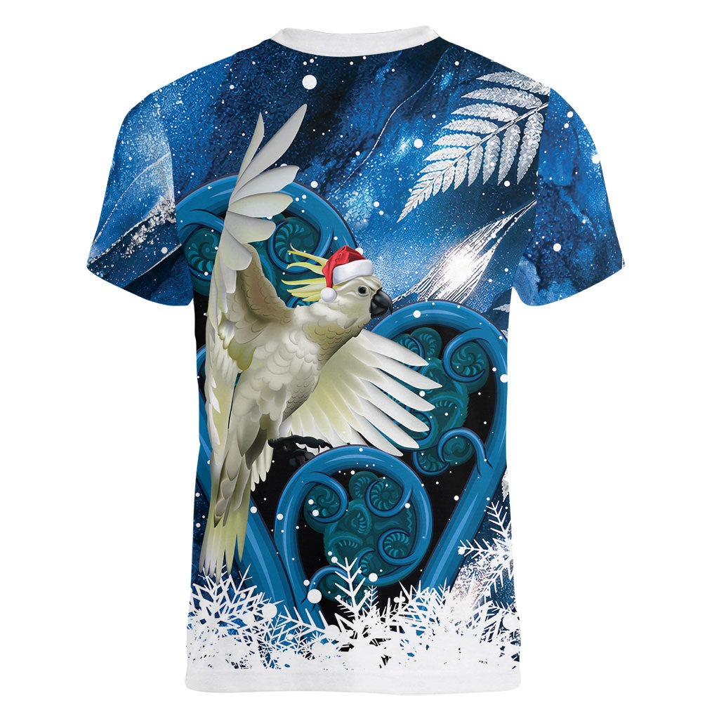 Sulphur-crested Cockatoo New Zealand Christmas In July Women V-Neck T-Shirt NZ Aroha Koru Fern Marble Vibes
