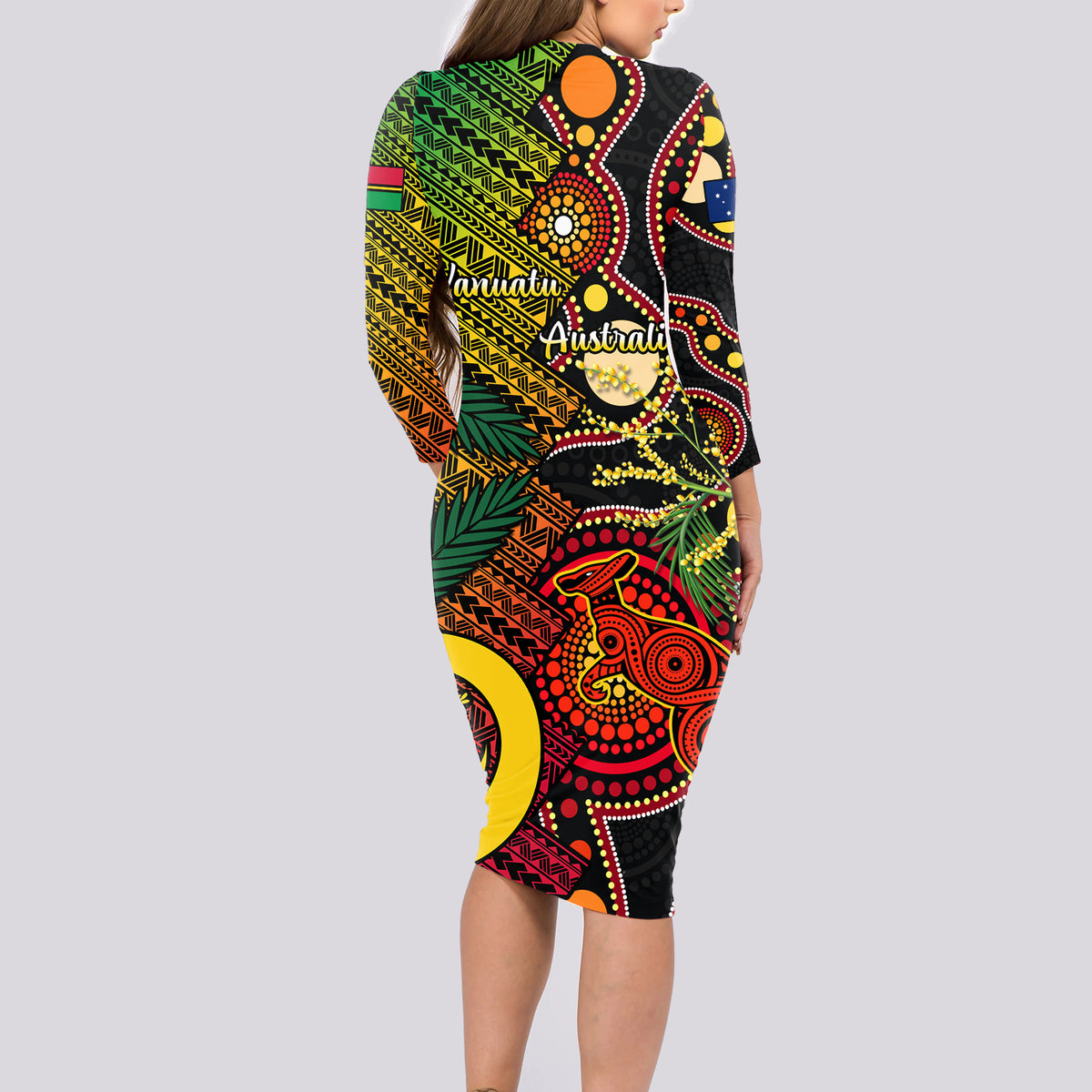 Vanuatu and Australia Long Sleeve Bodycon Dress Vanuatuan Polynesian Mix Aussie Aboriginal Art LT14 - Polynesian Pride