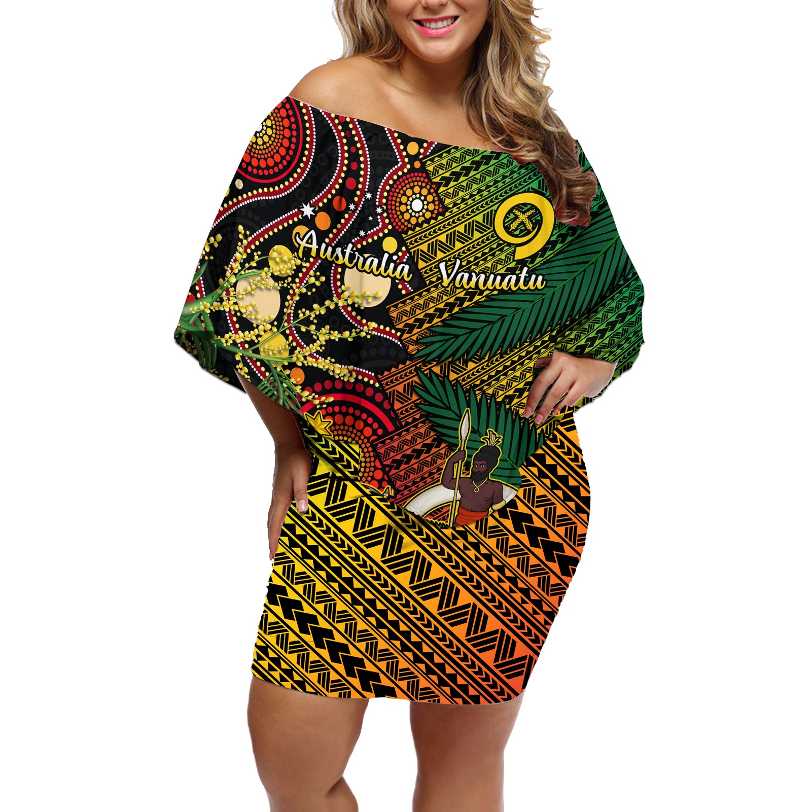 Vanuatu and Australia Off Shoulder Short Dress Vanuatuan Polynesian Mix Aussie Aboriginal Art LT14 Women Black - Polynesian Pride