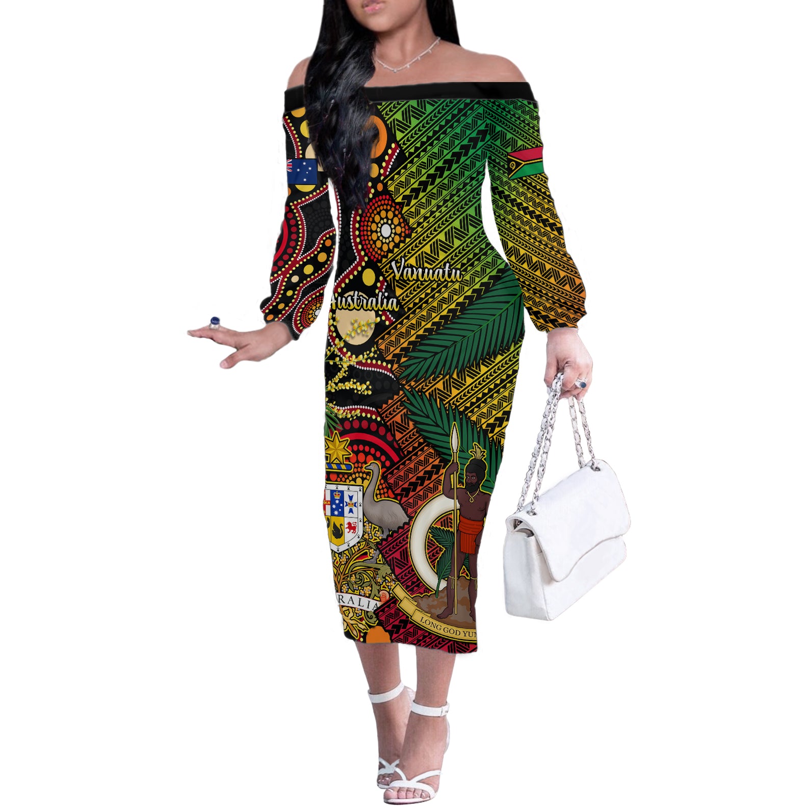 Vanuatu and Australia Off The Shoulder Long Sleeve Dress Vanuatuan Polynesian Mix Aussie Aboriginal Art LT14 Women Black - Polynesian Pride