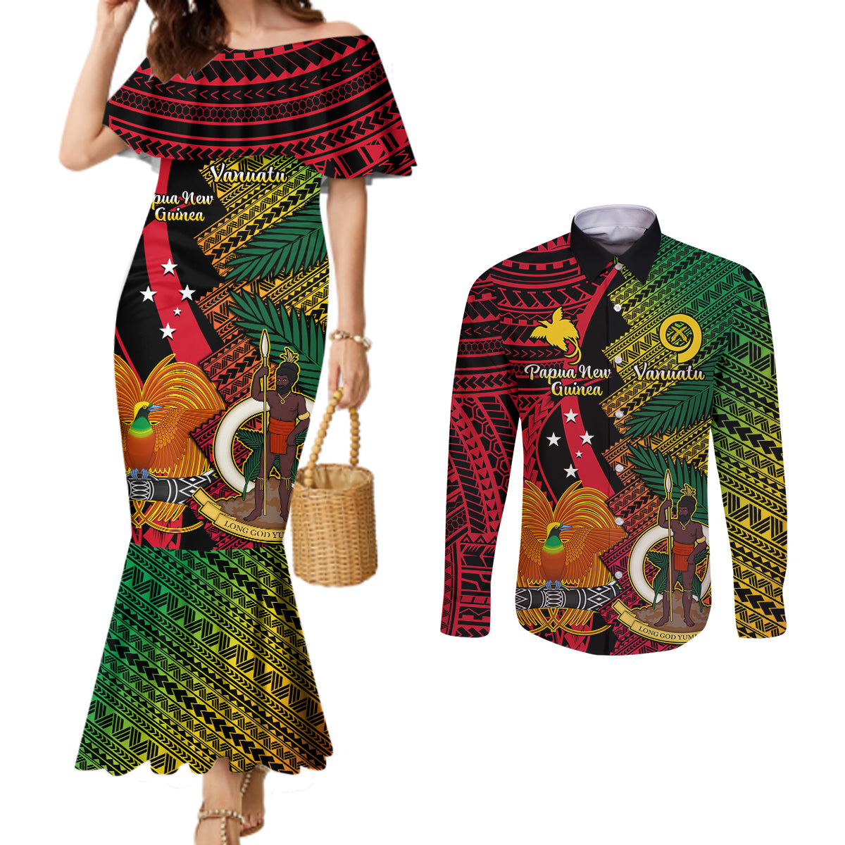 Vanuatu and Papua New Guinea Couples Matching Mermaid Dress and Long Sleeve Button Shirts Vanuatuan With PNG Polynesian Pattern LT14 Black - Polynesian Pride