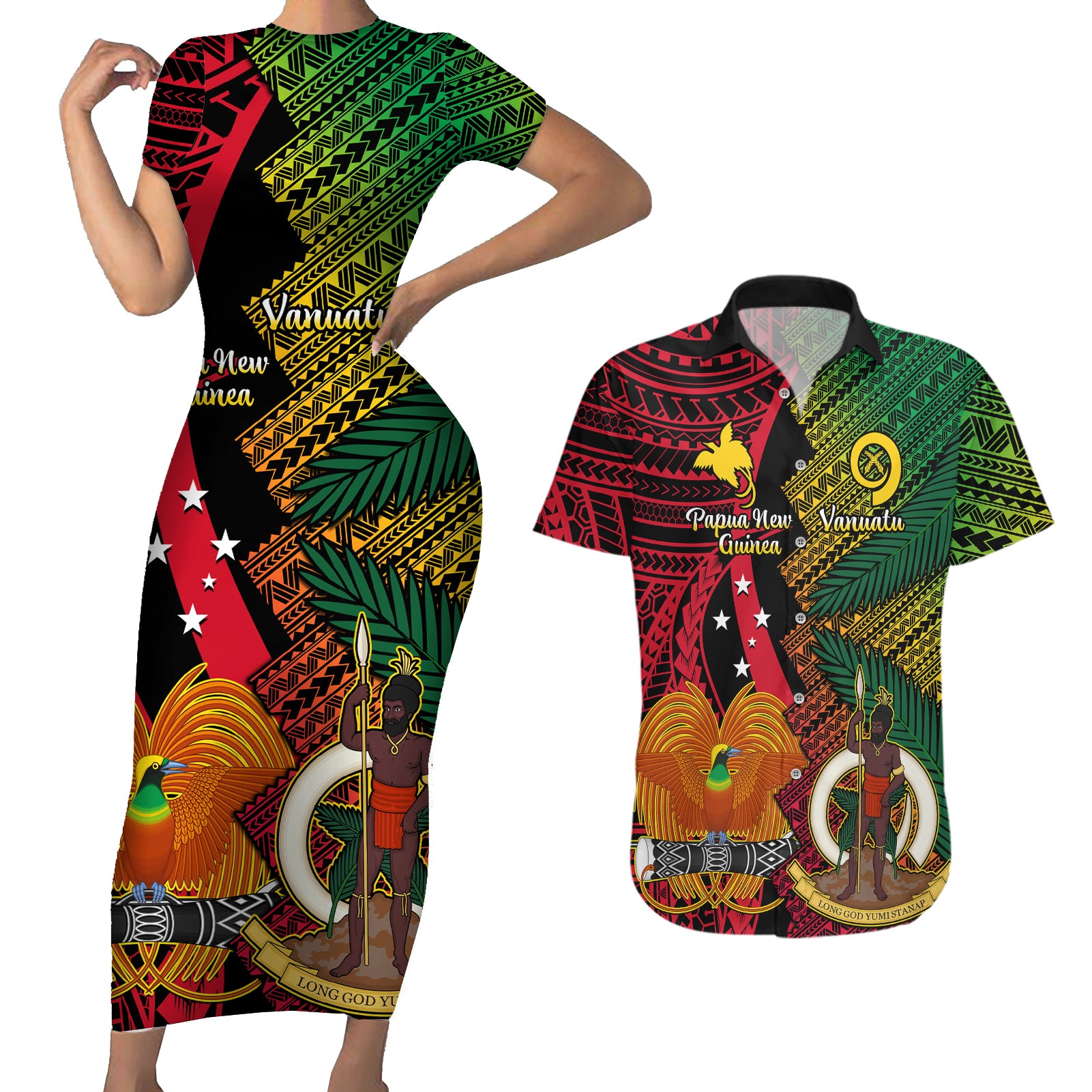 Vanuatu and Papua New Guinea Couples Matching Short Sleeve Bodycon Dress and Hawaiian Shirt Vanuatuan With PNG Polynesian Pattern LT14 Black - Polynesian Pride