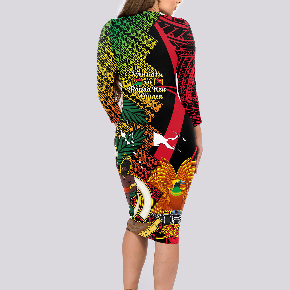Vanuatu and Papua New Guinea Long Sleeve Bodycon Dress Vanuatuan With PNG Polynesian Pattern LT14 - Polynesian Pride