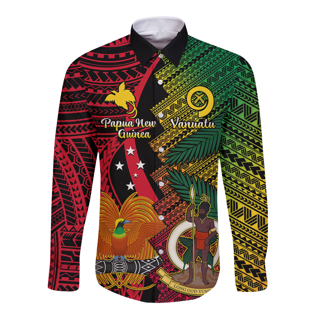 Vanuatu and Papua New Guinea Long Sleeve Button Shirt Vanuatuan With PNG Polynesian Pattern LT14 Unisex Black - Polynesian Pride