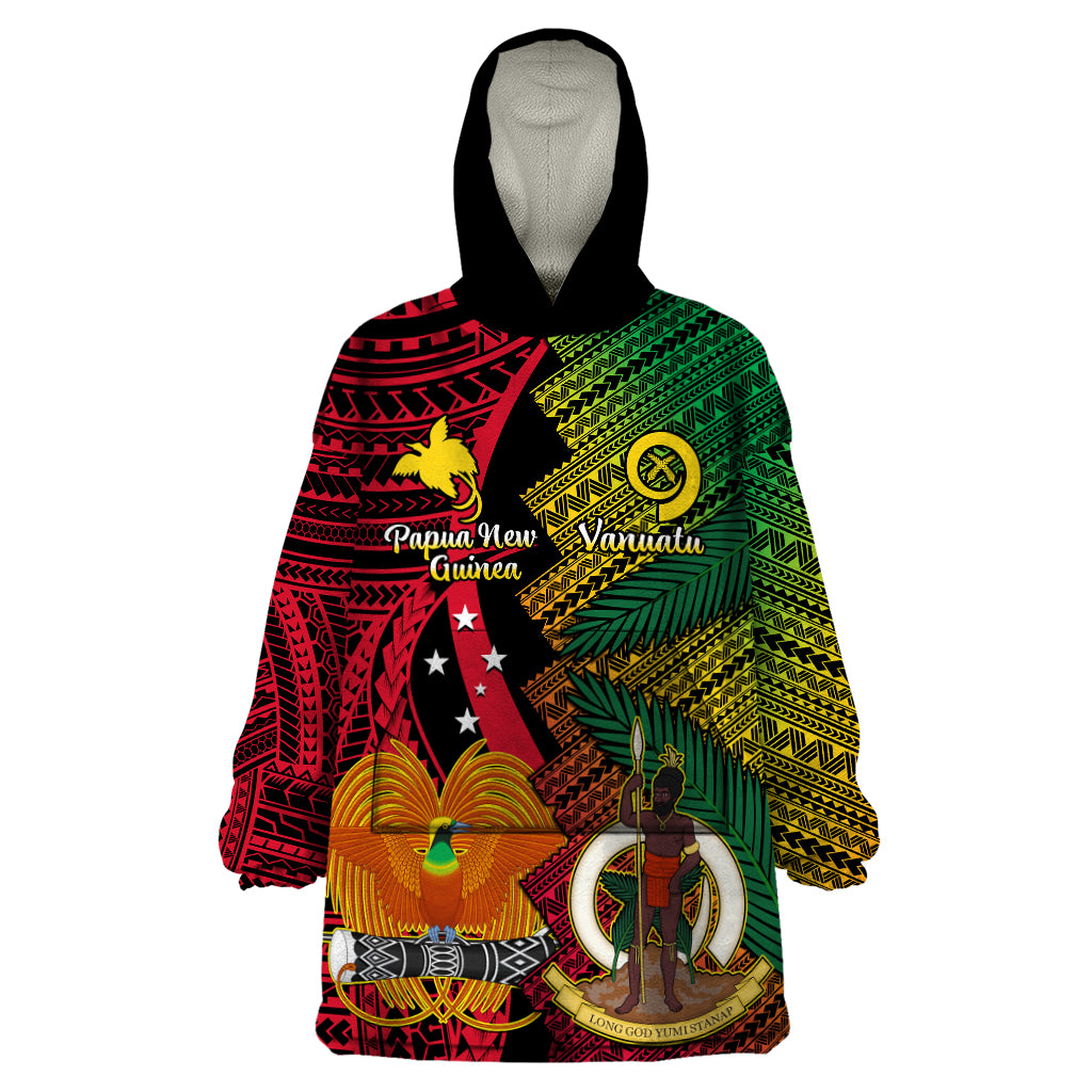 Vanuatu and Papua New Guinea Wearable Blanket Hoodie Vanuatuan With PNG Polynesian Pattern LT14 One Size Black - Polynesian Pride