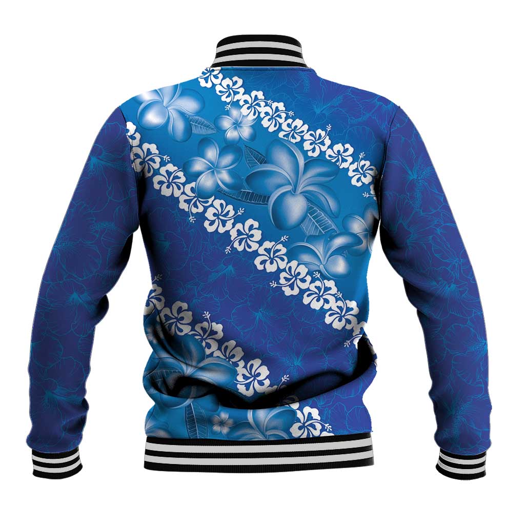 Vintage Blue Polynesia Baseball Jacket Plumeria With Hibiscus Tropical Vibes LT14 - Polynesian Pride