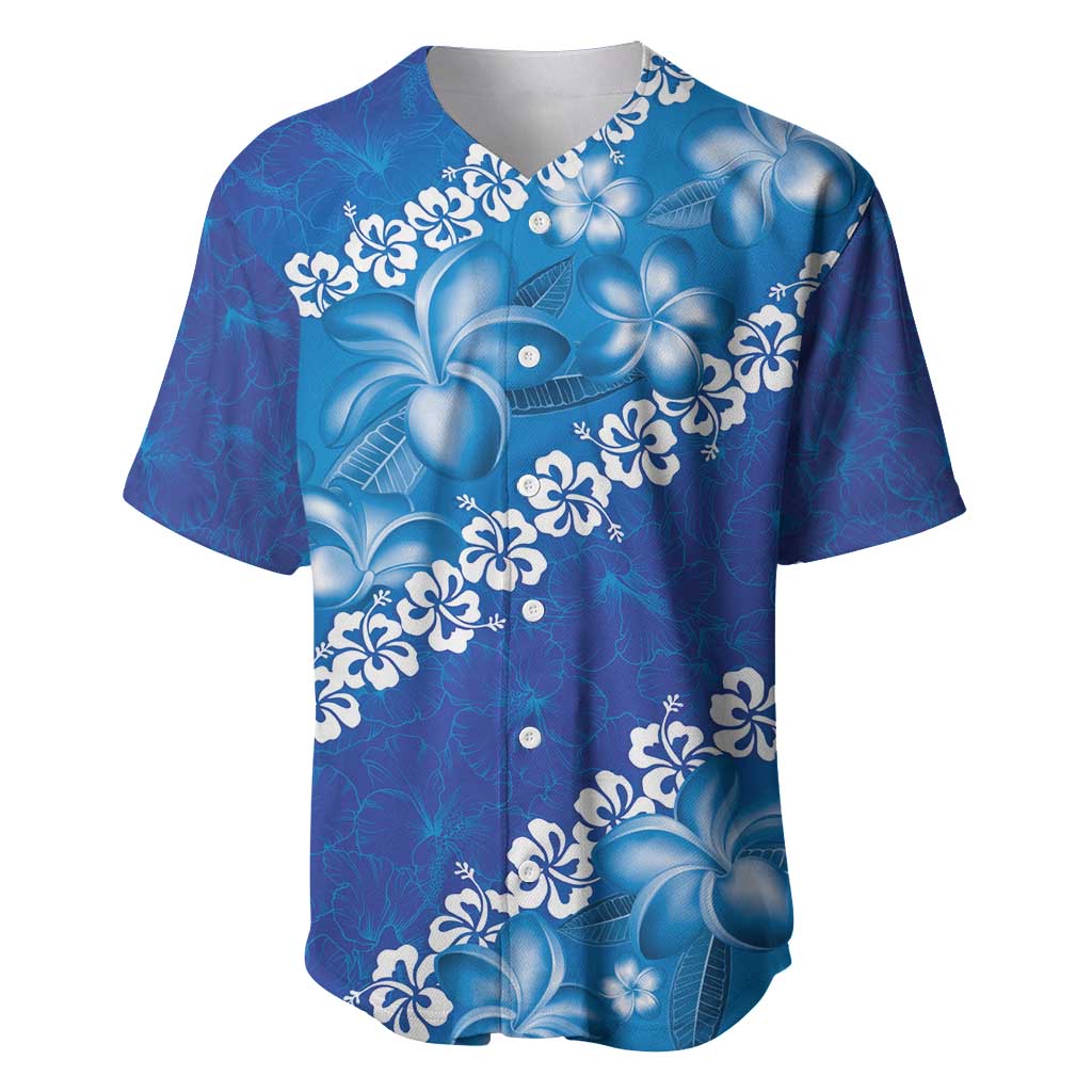 Vintage Blue Polynesia Baseball Jersey Plumeria With Hibiscus Tropical Vibes