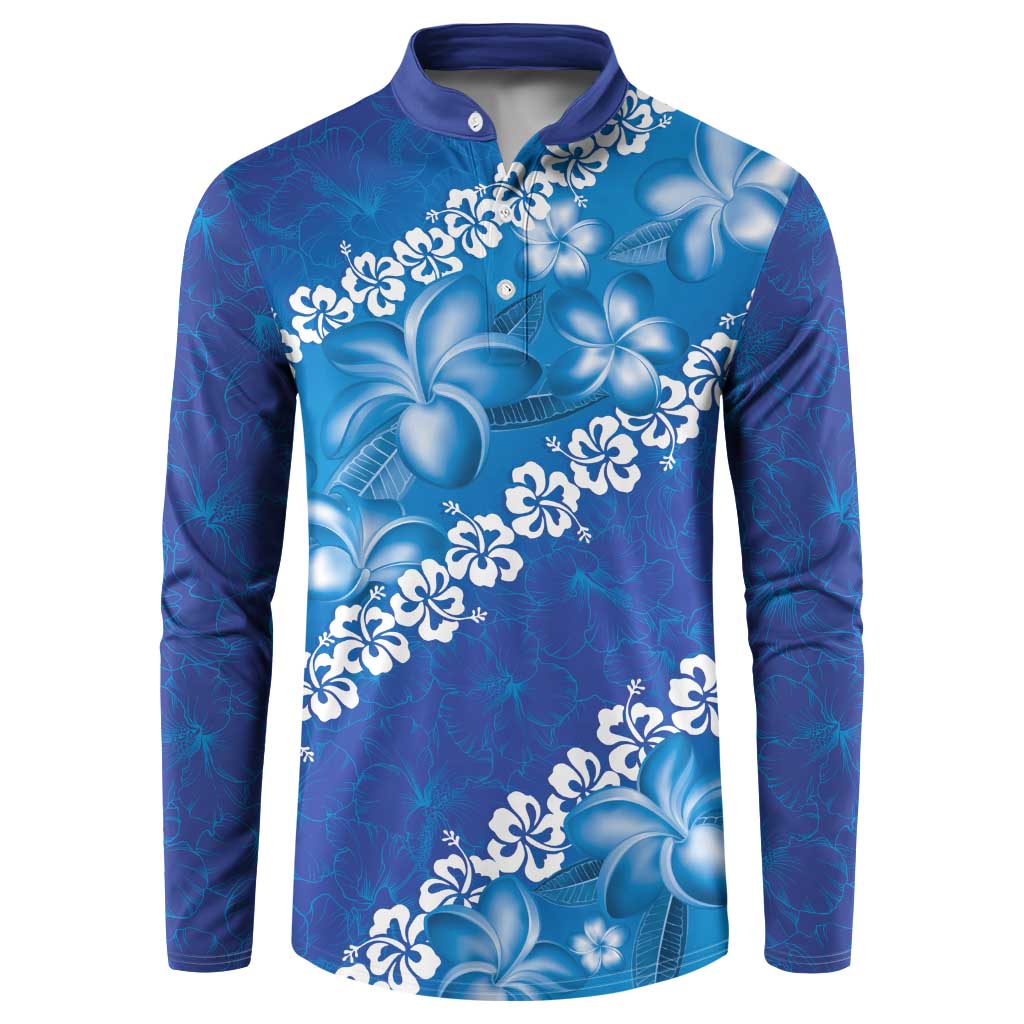 Vintage Blue Polynesia Button Sweatshirt Plumeria With Hibiscus Tropical Vibes LT14 Blue - Polynesian Pride