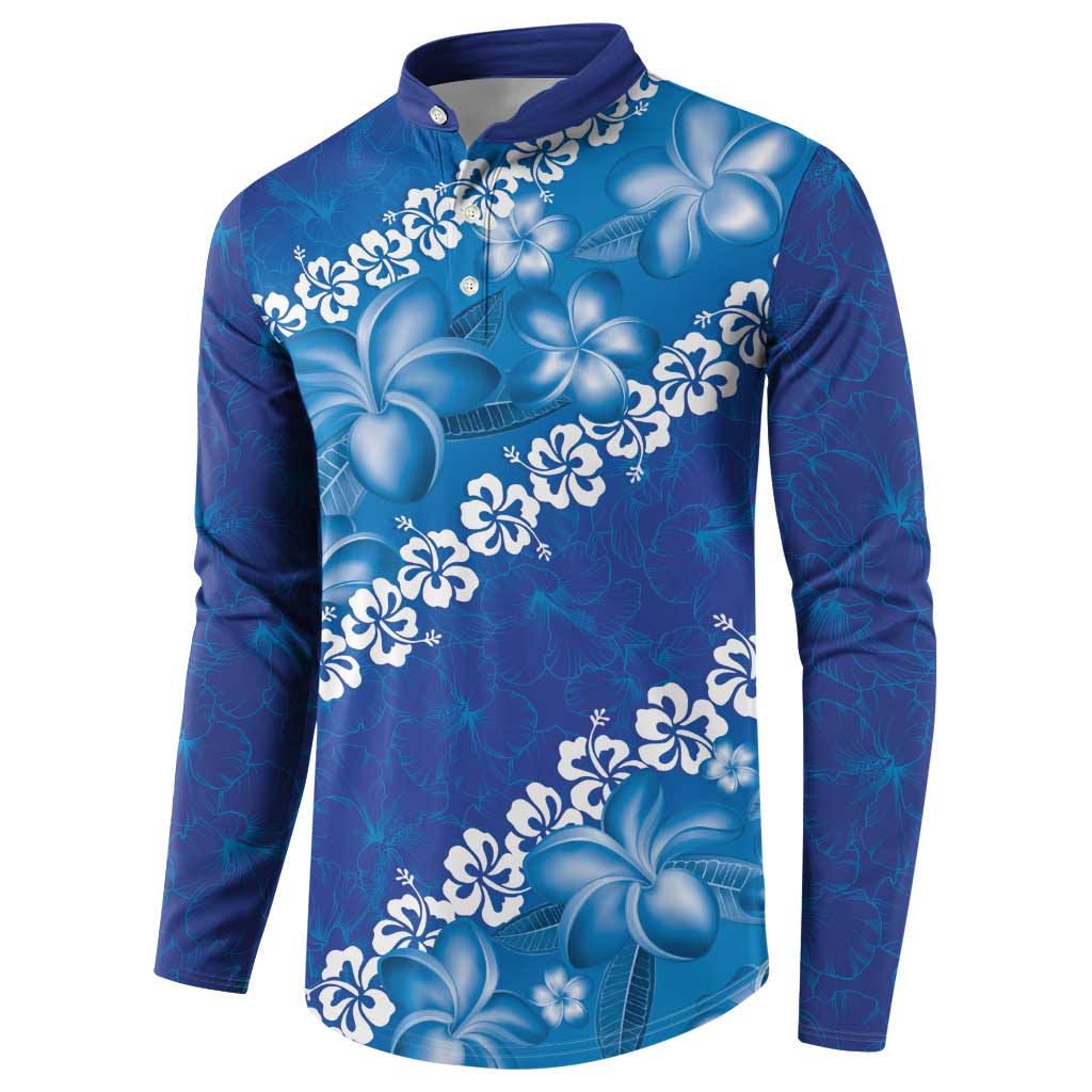 Vintage Blue Polynesia Button Sweatshirt Plumeria With Hibiscus Tropical Vibes LT14 - Polynesian Pride