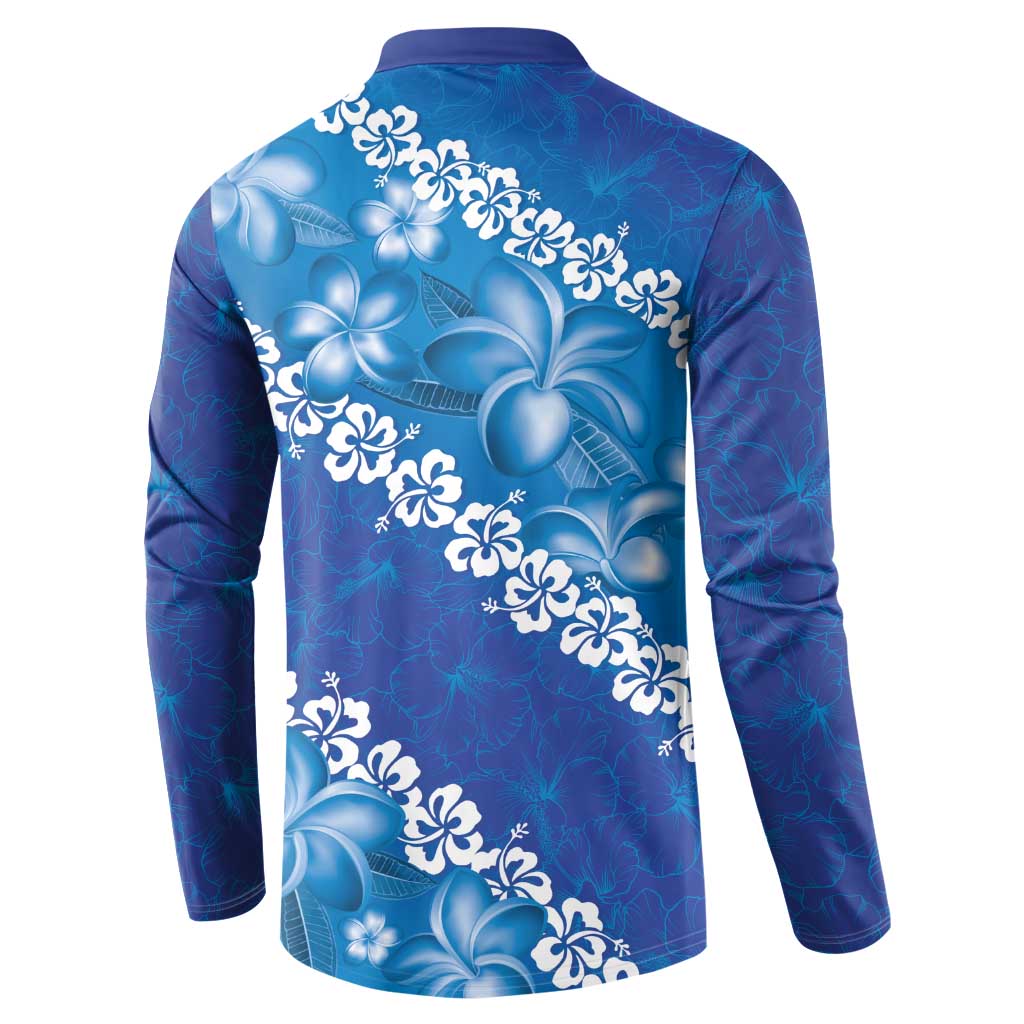 Vintage Blue Polynesia Button Sweatshirt Plumeria With Hibiscus Tropical Vibes LT14 - Polynesian Pride