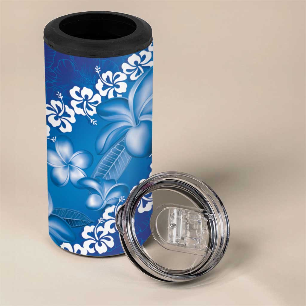 Vintage Blue Polynesia 4 in 1 Can Cooler Tumbler Plumeria With Hibiscus Tropical Vibes