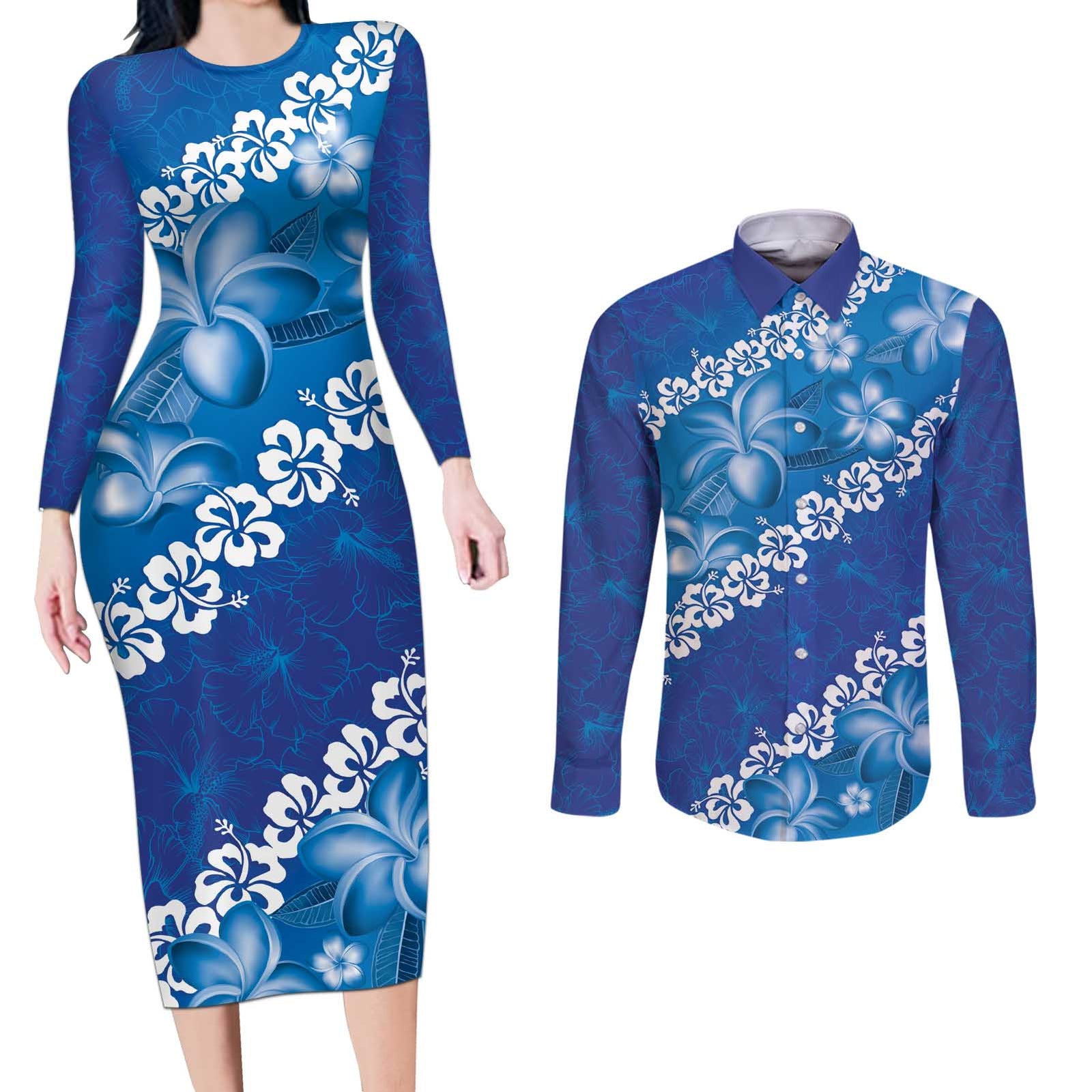 Vintage Blue Polynesia Couples Matching Long Sleeve Bodycon Dress and Long Sleeve Button Shirt Plumeria With Hibiscus Tropical Vibes LT14 Blue - Polynesian Pride