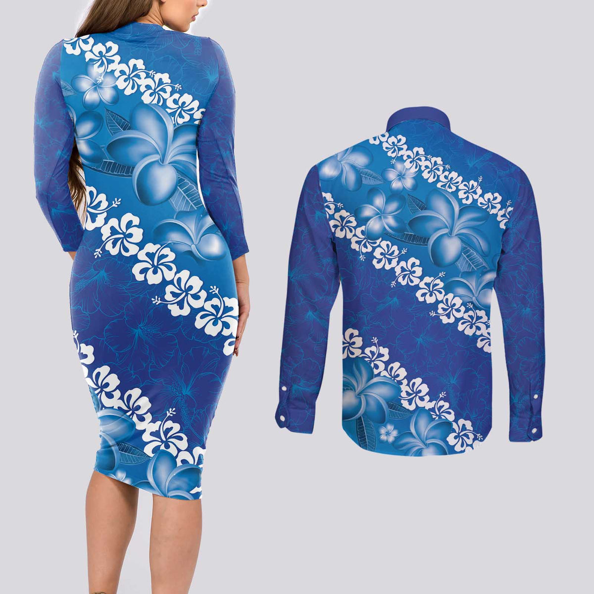 Vintage Blue Polynesia Couples Matching Long Sleeve Bodycon Dress and Long Sleeve Button Shirt Plumeria With Hibiscus Tropical Vibes