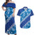 Vintage Blue Polynesia Couples Matching Off Shoulder Maxi Dress and Hawaiian Shirt Plumeria With Hibiscus Tropical Vibes