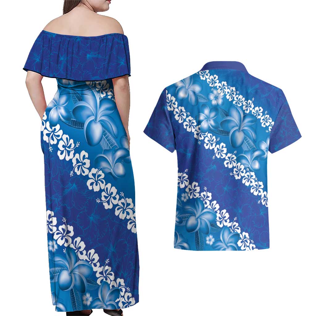Vintage Blue Polynesia Couples Matching Off Shoulder Maxi Dress and Hawaiian Shirt Plumeria With Hibiscus Tropical Vibes