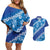 Vintage Blue Polynesia Couples Matching Off Shoulder Short Dress and Hawaiian Shirt Plumeria With Hibiscus Tropical Vibes